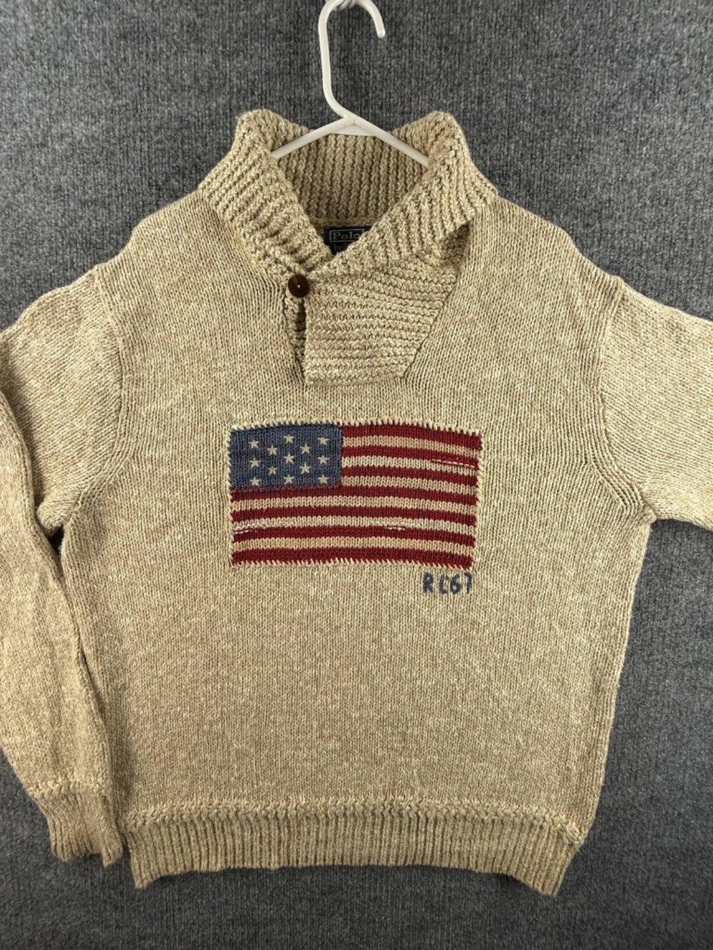 Polo Ralph Lauren USA Flag Graphic Large Beige Shawl Sweater Cotton Linen Silk